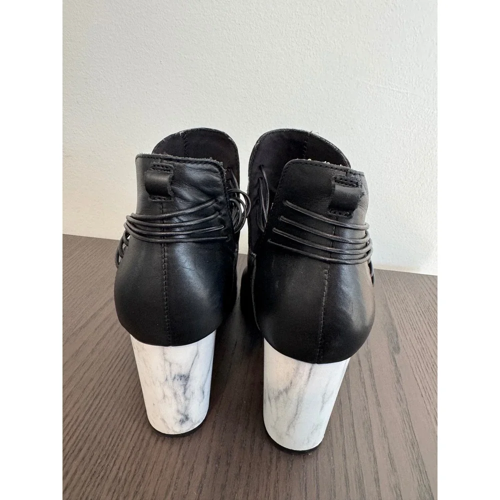 KDB Black Leather Cutout Ankle Boots Women 8 Marble Block‎ Heel Strappy Detail